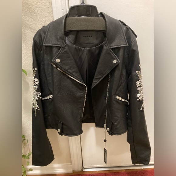 Bedazzled Sleeve Faux Leather Jacket - Picture 1 of 4
